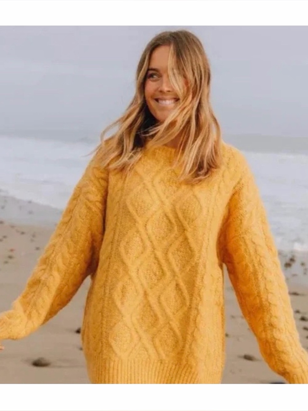 Daily Drills Honey Gold Oversized Cable Knit Crewneck Sweater